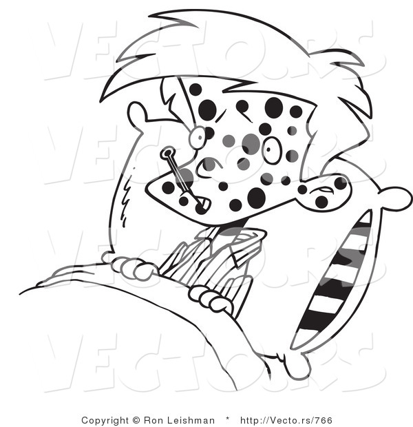 Vector of a Sick Cartoon Boy in Bed with Big Spots All over His Face - Line Drawing