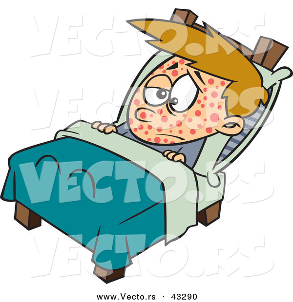 Vector of a Sick Cartoon Boy Resting in Bed with the Measles
