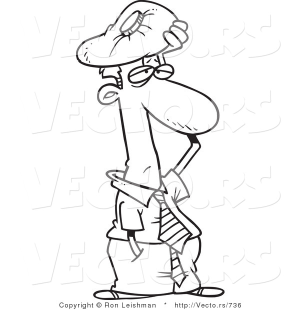 Vector of a Sick Cartoon Businessman with Head Ache - Line Drawing