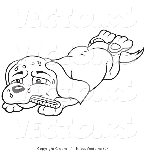 Vector of a Sick Cartoon Dog with Fever - Line Drawing