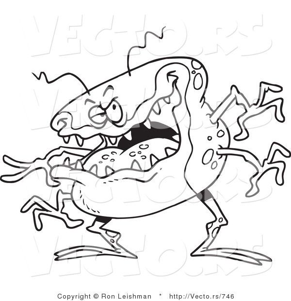 Vector of a Sick Cartoon Flu Bug - Line Drawing