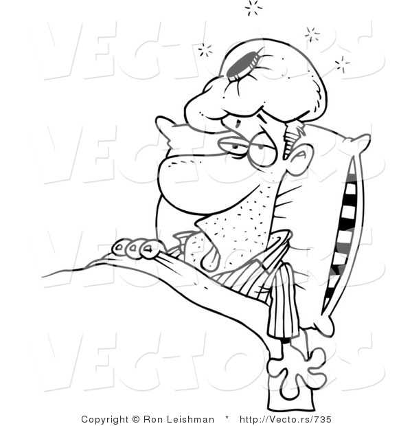 Vector of a Sick Cartoon Man Resting in Bed with Ice Pack over Head - Line Drawing