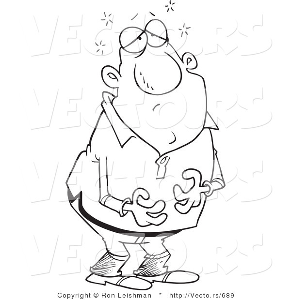 Vector of a Sick Cartoon Man Tummy Ache - Line Drawing