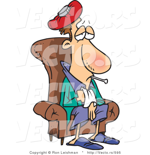 Vector of a Sick Cartoon Man with Seasonal Influenza