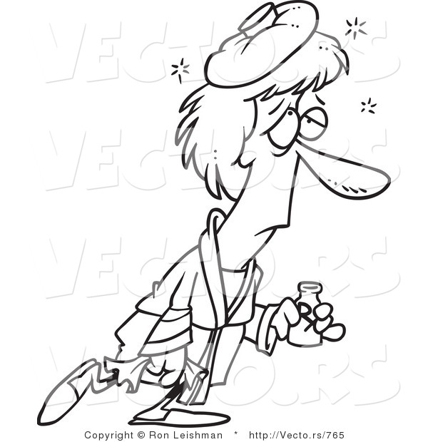 Vector of a Sick Cartoon Woman with Ice Pack on Head - Line Drawing