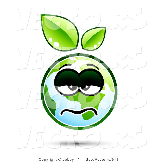 Vector of a Sick Earth Cartoon with Green Leaves Sprouting from Head