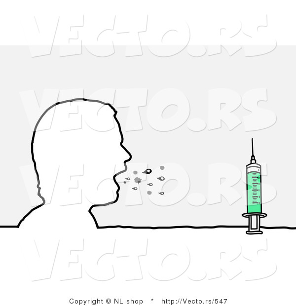 Vector of a Sick Man Coughing Beside a Syringe Filled with Vaccination