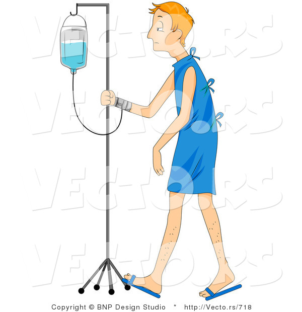 Vector of a Sick Young Man Walking with IV in a Hospital