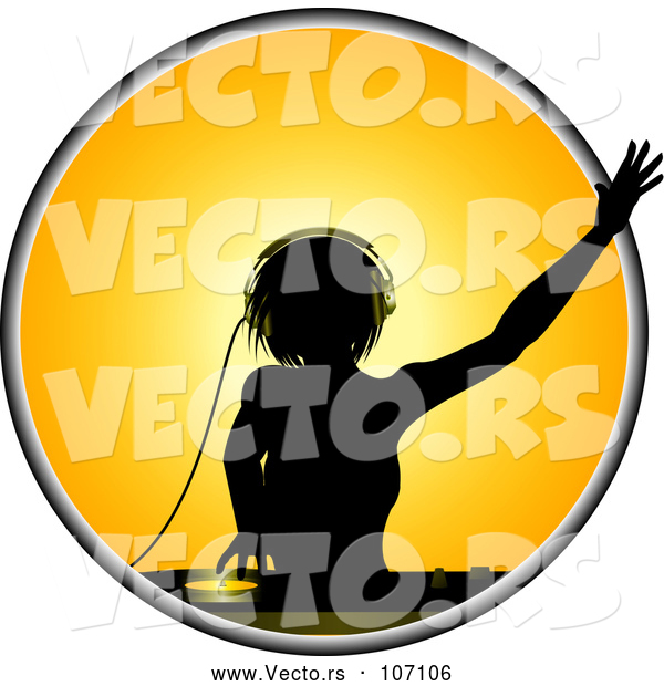 Vector of a Silhouetted Dj Woman over a Record Deck in a Yellow Circle