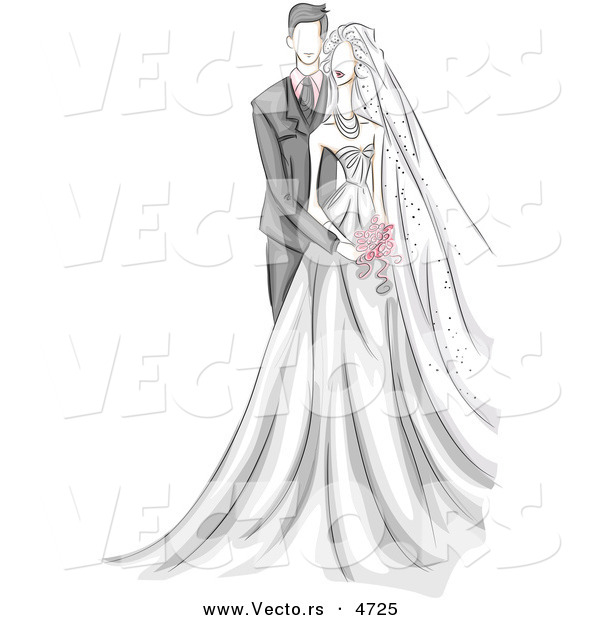 Vector of a Sketched Wedding Groom Embracing His Bride