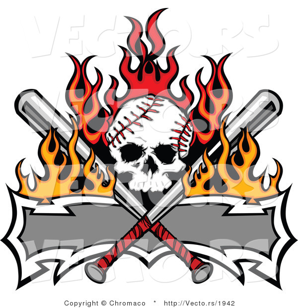 Vector of a Skull Shaped Baseball with Crossed Bats and a Blank Banner