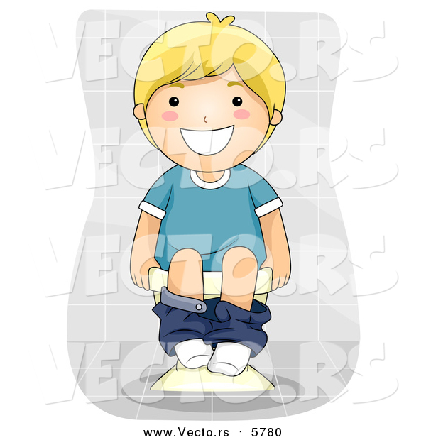 Vector of a Smiling Blond Boy Sitting on Toilet