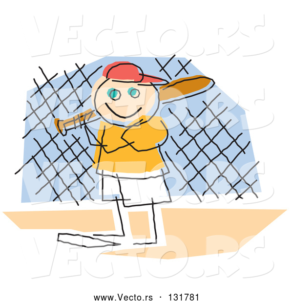 Vector of a Smiling Boy Playing Baseball, Standing at Home Base and Ready to Bat