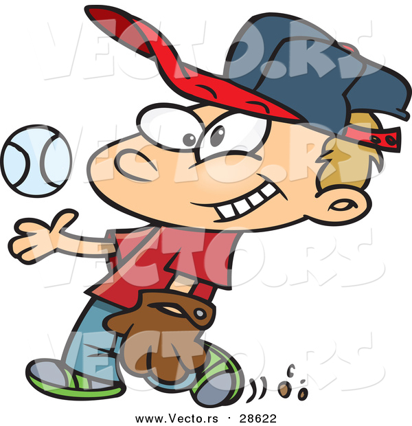Vector of a Smiling Boy Tossing Baseball up While Walking Forward - Cartoon Style