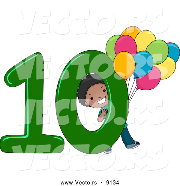 Vector of a Smiling Cartoon Black School Boy Holding 10 Balloons Beside the Number Ten