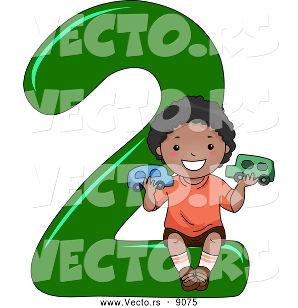 Vector of a Smiling Cartoon Black School Boy Holding 2 Cars on the Number Two
