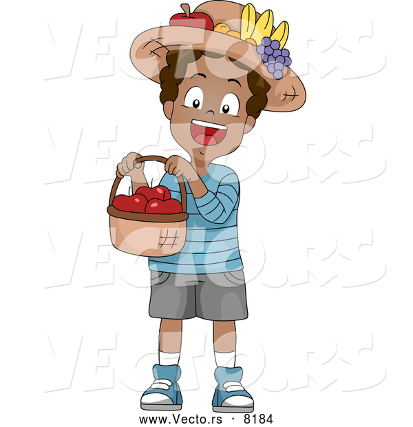 Vector of a Smiling Cartoon Black School Boy Holding a Basket Full of Red Apples