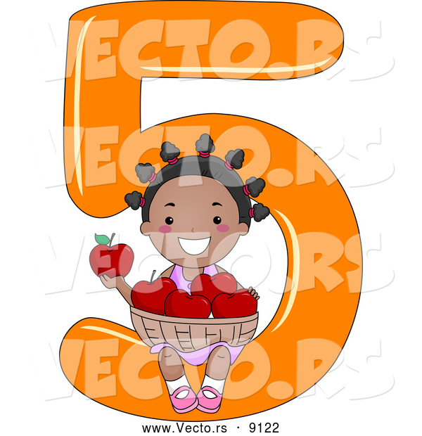 Vector of a Smiling Cartoon Black School Girl Holding 5 Apples While Sitting on the Number Five