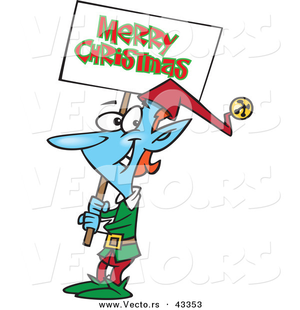 Vector of a Smiling Cartoon Blue Elf Carrying a Merry Christmas Sign