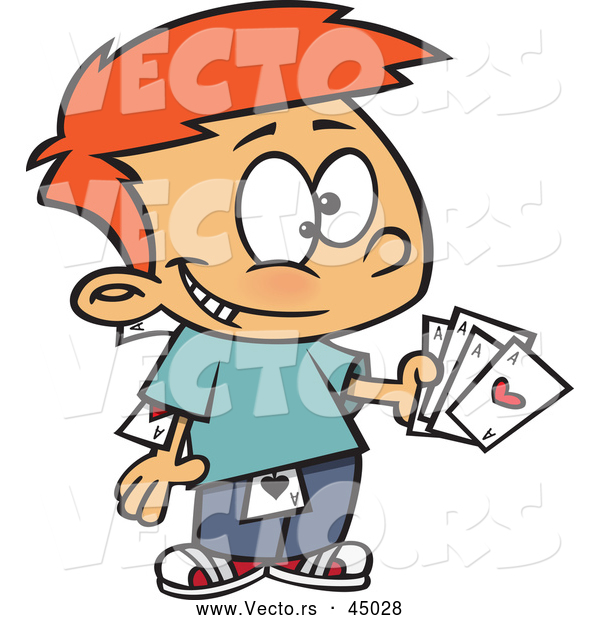 Vector of a Smiling Cartoon Boy Cheating in a Card Game
