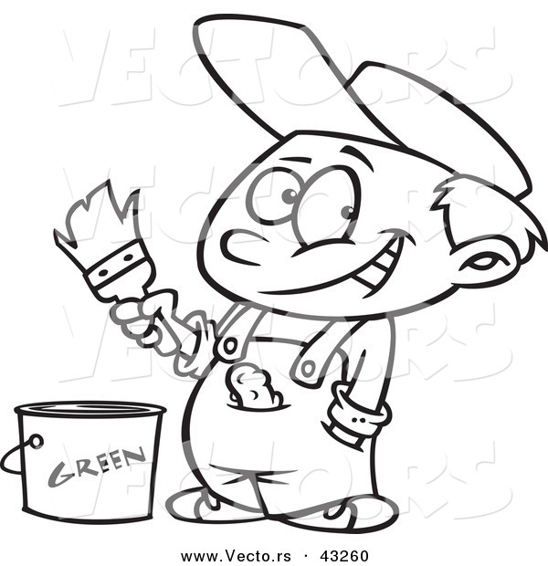 Vector of a Smiling Cartoon Boy Holding a Paintbrush Above a Bucket of Green Paint - Coloring Page Outline