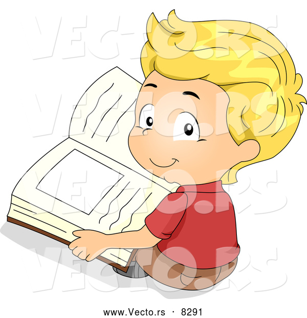 Vector of a Smiling Cartoon Boy in Front of a Book on the Floor
