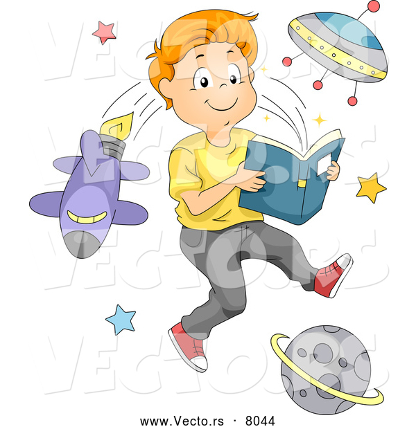 Vector of a Smiling Cartoon Boy Reading an Outer Space Book