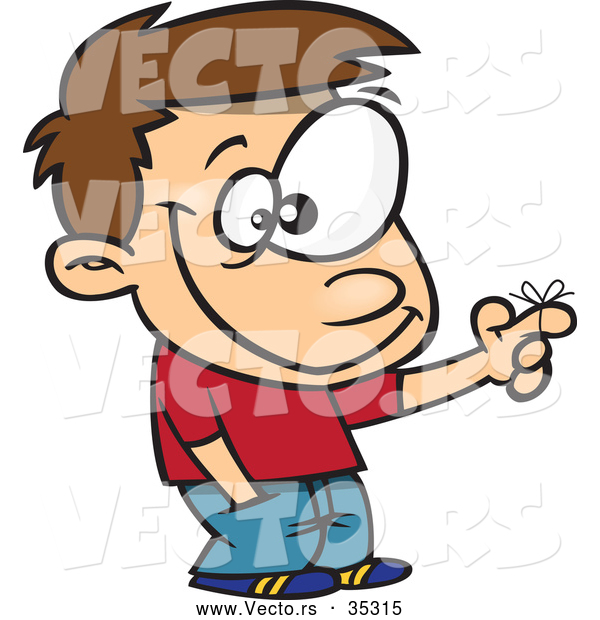 Vector of a Smiling Cartoon Boy Wearing a Reminder Ribbon Around His Finger