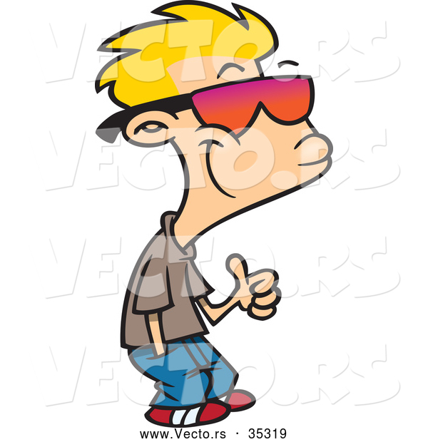 Vector of a Smiling Cartoon Boy Wearing Sunglasses While Giving a Thumbs up Hand Gesture