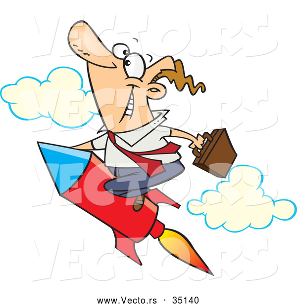 Vector of a Smiling Cartoon Businessman Riding up on a High Powered Rocket