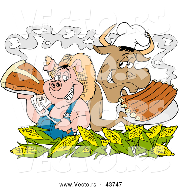 Vector of a Smiling Cartoon Chef Pig and Cow with Corn, Steak and BBQ Ribs