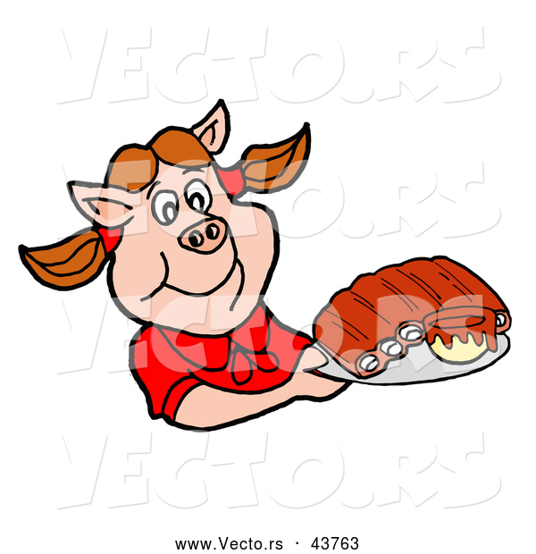 Vector of a Smiling Cartoon Female Pig Serving BBQ Ribs on a Tray