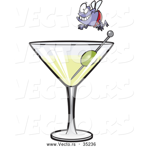 Vector of a Smiling Cartoon Fly over a Full Martini Glass with an Olive