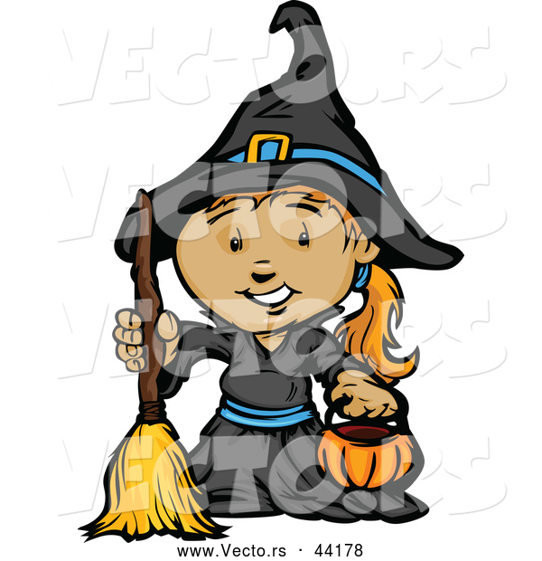 Vector of a Smiling Cartoon Girl Witch Holding a Pumpkin Container and Broom