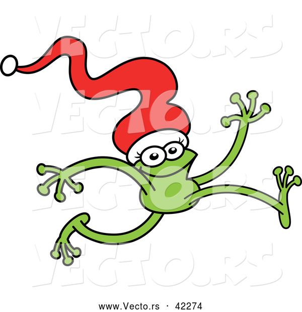 Vector of a Smiling Cartoon Green Frog Running with a Santa Hat over His Head