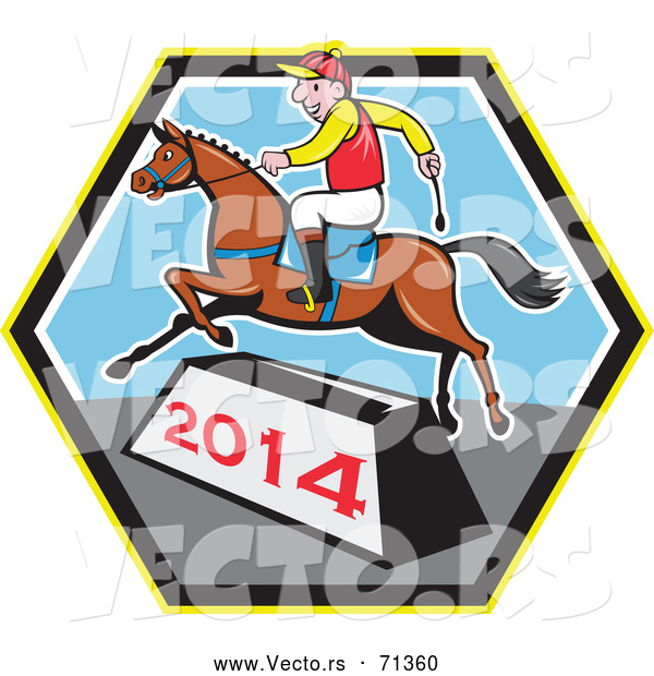 Vector of a Smiling Cartoon Jockey Jumping a Horse over a 2014 Bar