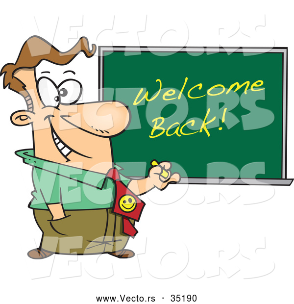 Vector of a Smiling Cartoon Male Teacher Writing 'Welcome Back!' on a Chalkboard