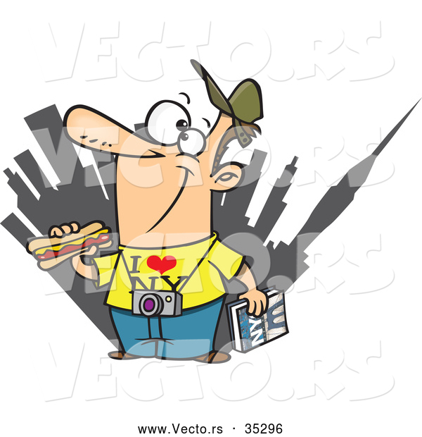 Vector of a Smiling Cartoon Male Tourist Eating a New York Hot Dog