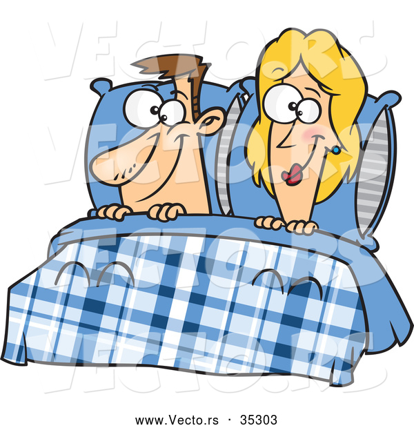 Vector of a Smiling Cartoon Man and Woman Laying in Bed