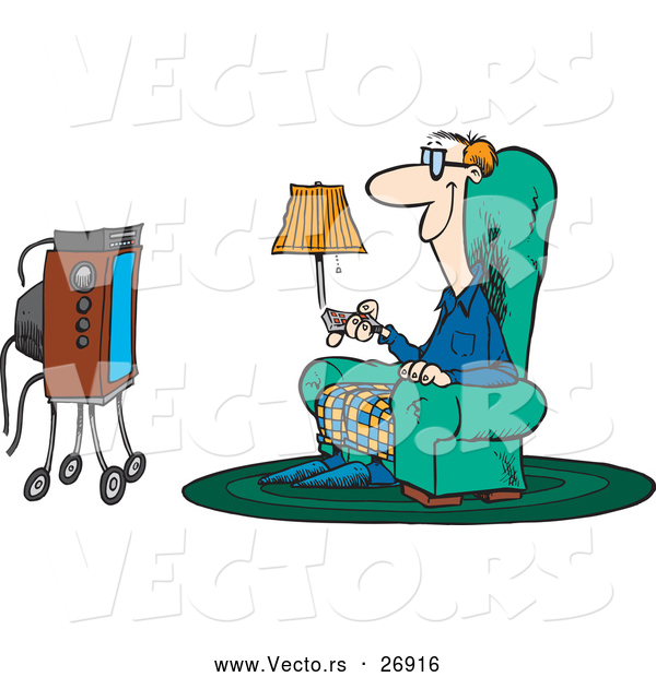 Vector of a Smiling Cartoon Man Sitting on a Chair in Front of an Old Tv on Wheels