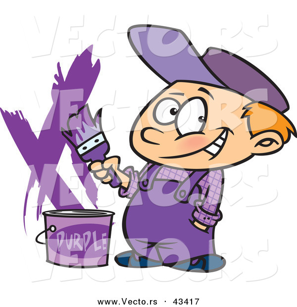 Vector of a Smiling Cartoon Painter Boy with a Bucket of Purple Paint