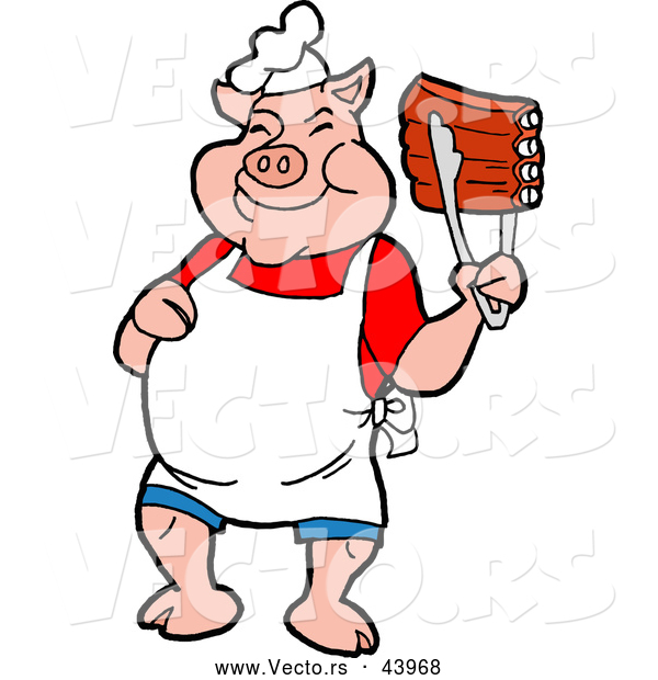 Vector of a Smiling Cartoon Pig Chef Holding up Tasty BBQ Ribs with Tongs