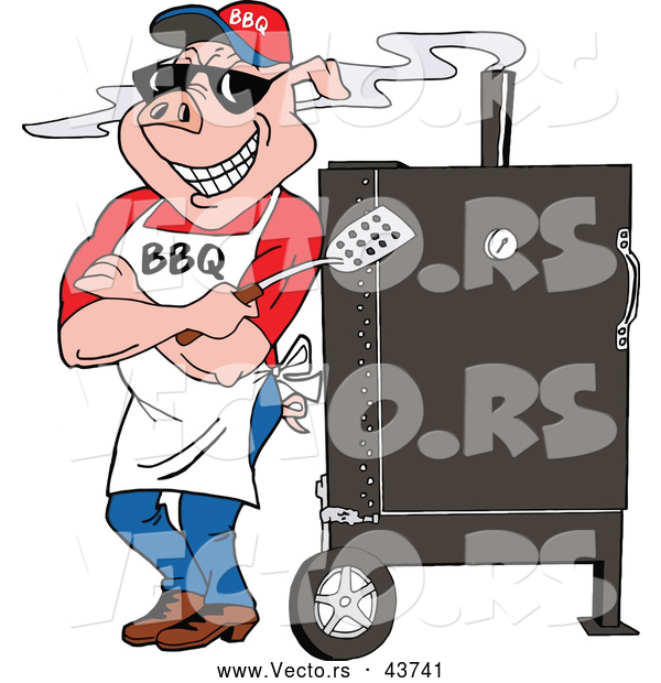 Vector of a Smiling Cartoon Pig Standing Against a BBQ Meat Smoker