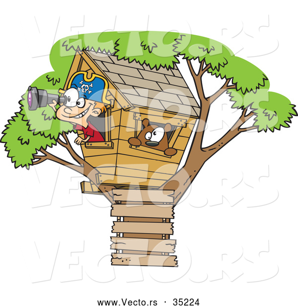 Vector of a Smiling Cartoon Pirate Boy Looking Through a Spotting Scope in His Tree House