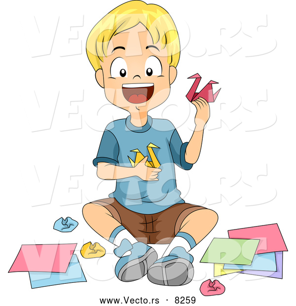 Vector of a Smiling Cartoon School Boy Making Origami Swans in Arts Class