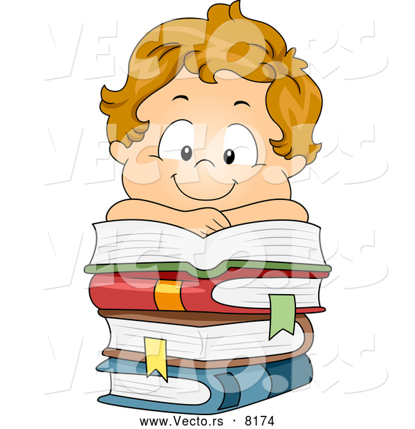 Vector of a Smiling Cartoon School Boy over a Pile of Stacked Books