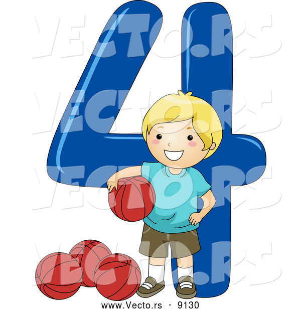 Vector of a Smiling Cartoon School Boy Standing with 4 Basketballs Beside the Number Four