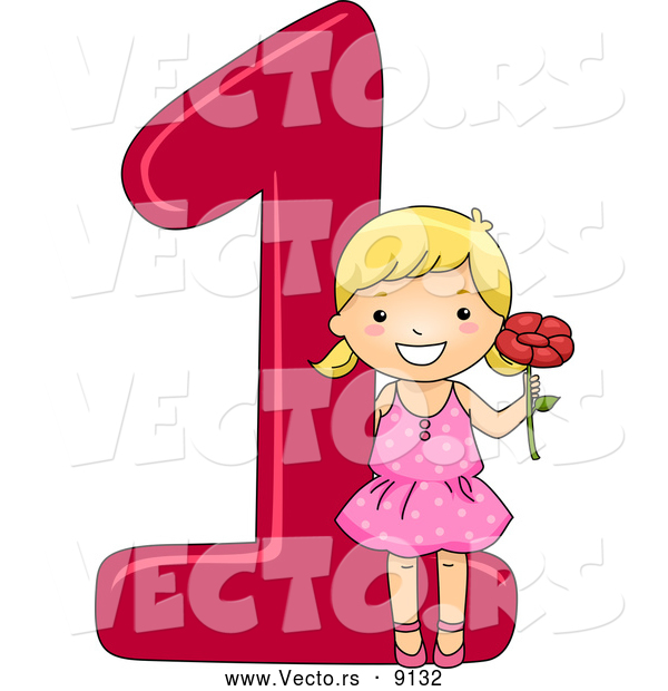 Vector of a Smiling Cartoon School Girl Holding 1 Flower Beside the Number One