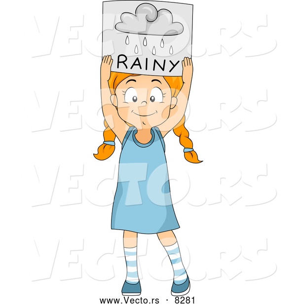 Vector of a Smiling Cartoon School Girl Holding a 'Rainy' Weather Poster