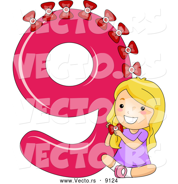 Vector of a Smiling Cartoon School Girl Putting 9 Bows on the Number Nine